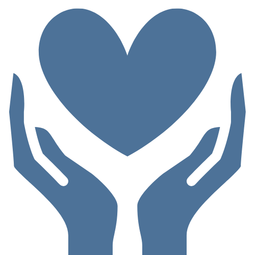 A minimalist icon of two hands in a cupped position, palms facing upward, holding a heart above them. The design is in a solid blue color, symbolizing care, compassion, and support.