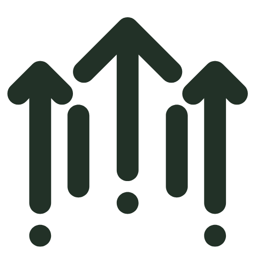 A minimalist icon featuring three upward-pointing arrows of varying heights, each originating from a small circle at the base. The design, in a solid dark color, represents growth, progress, or upward momentum.