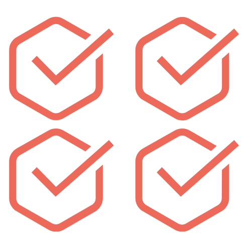 A minimalist icon featuring four hexagons arranged in a 2x2 grid, each containing a checkmark inside. The design is in a solid coral color, symbolizing completion, approval, or tasks successfully accomplished.