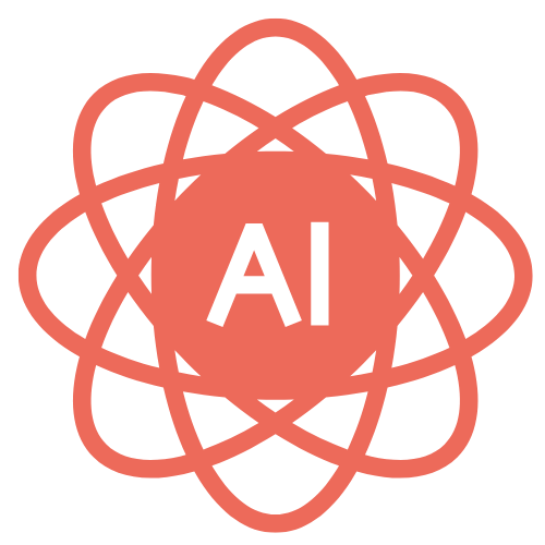 A minimalist icon of an atom-like structure with overlapping elliptical orbits surrounding a central circle containing the letters 'AI.' The design is in a solid coral color, symbolizing artificial intelligence, innovation, and technology.