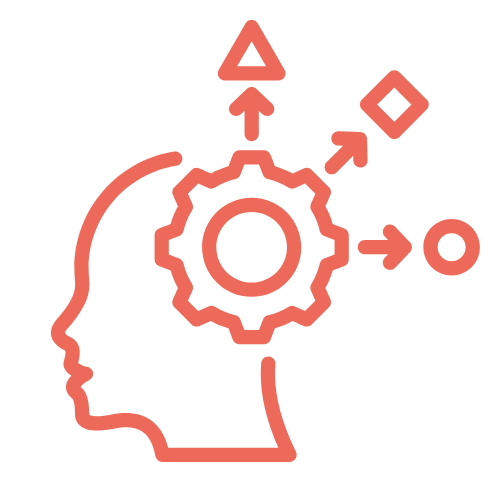 An outline of a human head profile with a gear symbol inside, representing thinking or problem-solving. Arrows extend outward from the gear pointing to various geometric shapes, including a triangle, diamond, and circle. The design is in a solid coral color, symbolizing creativity, innovation, and strategic thinking.