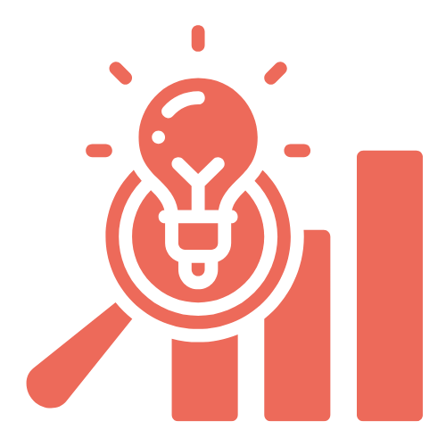 An icon featuring a magnifying glass over a light bulb, symbolizing insight or discovery, positioned in front of a bar graph with three vertical bars of varying heights. The design is in a solid coral color, representing analysis, innovation, and problem-solving.