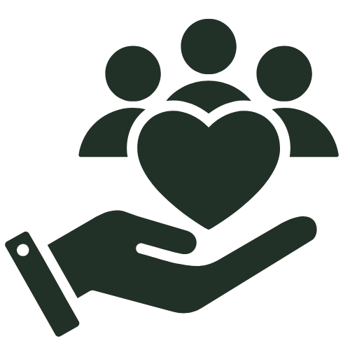 A minimalist icon depicting a hand with a heart resting above it, symbolizing care or support. Behind the heart are three figures, representing a community or group of people. The design is in a solid dark color, conveying themes of compassion, teamwork, and social responsibility.