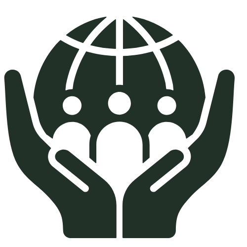 An icon of two hands cupped upward, holding a globe with three figures inside it, symbolizing global community, support, and inclusivity. The design is in a solid dark color, representing care, unity, and collaboration on a worldwide scale.