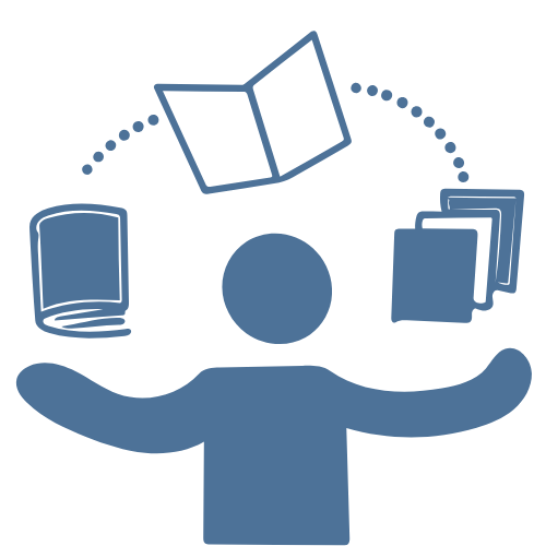 A solid blue icon depicting a person with arms extended outward, surrounded by symbols of books and documents. An open book is positioned above the figure's head, connected by dotted lines to a closed book on the left and a stack of papers on the right, symbolizing knowledge, learning, and information management.