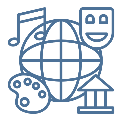 A solid blue icon featuring a globe at the center, surrounded by symbols representing various forms of culture and art. The symbols include a music note (representing music), a comedy mask (representing theater), a painter's palette (representing visual arts), and a building resembling a museum or temple (representing history or cultural institutions). The design conveys themes of global culture, creativity, and the arts