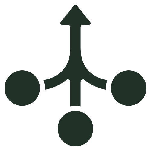 A minimalist icon depicting three circles connected by lines merging into a single upward-pointing arrow. The design is in a solid dark color, symbolizing convergence, integration, or streamlined direction toward a unified goal.